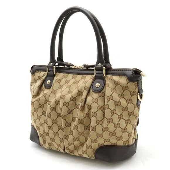 GUCCI Sukey GG Canvas Handbag Tote Bag Leather Khaki Beige Dark Brown 247902 - Picture 3 of 9